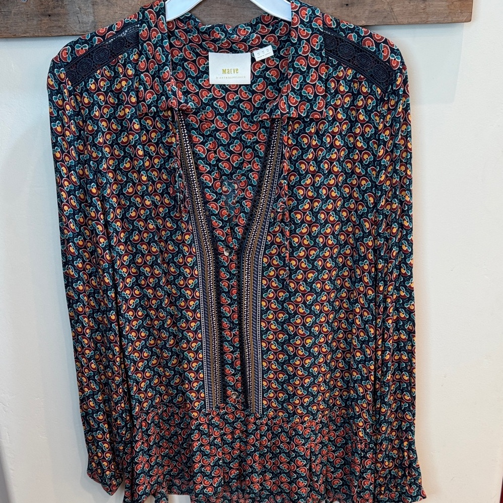 Anthropologie‎ Maeve Multicolor Tie Front Blouse Size 14
